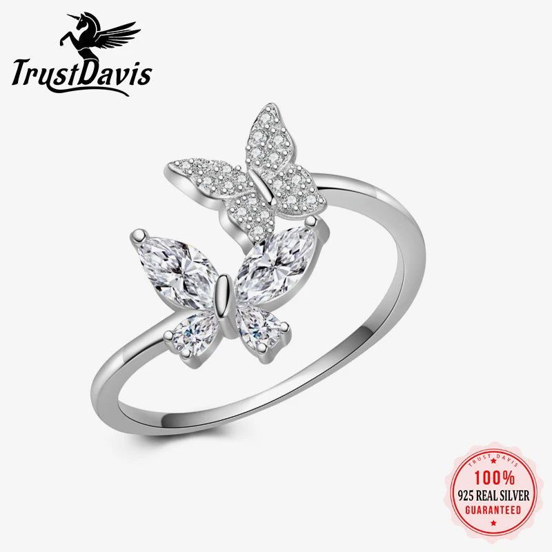 Trustdavis Real 925 Sterling Silver Sweet Butterfly Zircon Ring Women Girls  Birthday Party Gift Jewelry DS4142