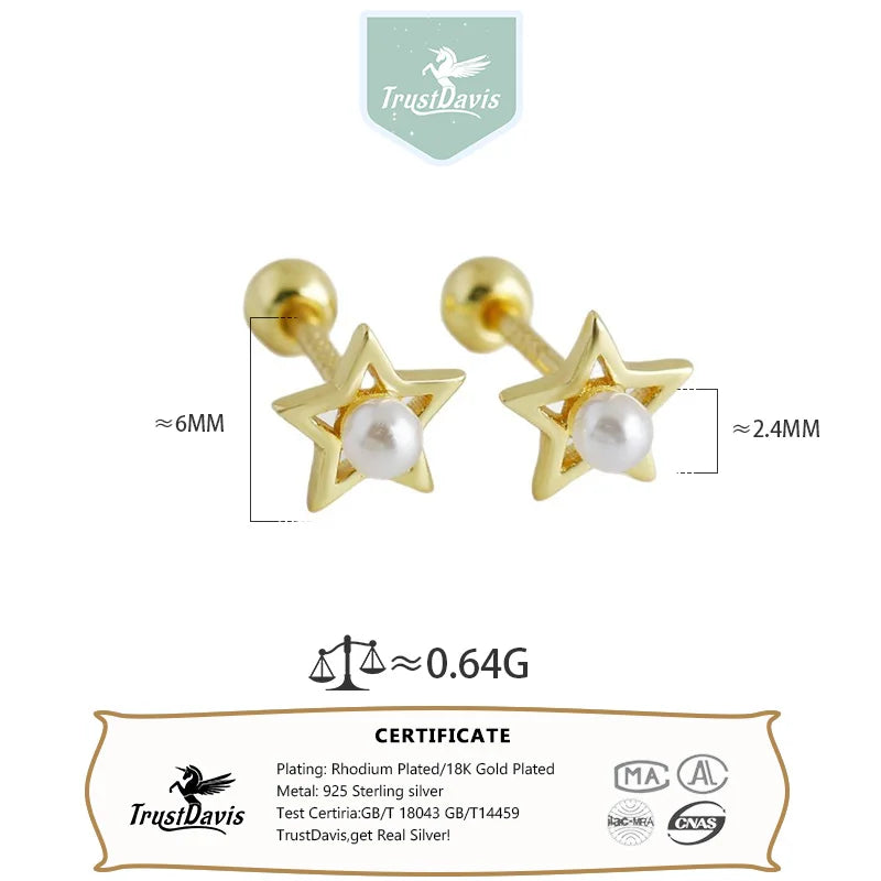 Pendientes TrustDavis de Plata de Ley 925 a la moda para mujer, pendientes simples con forma de estrella y perla para mujer y niña, regalo de joyería DS4329