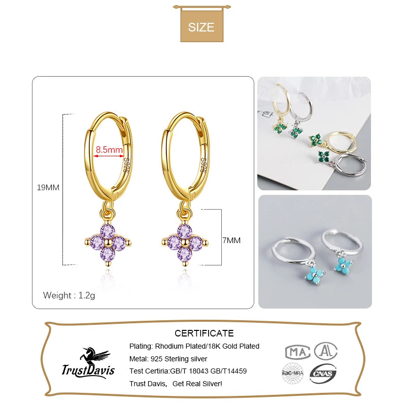 TrustDavis Real 925 Sterling Silver Four Leaf Clover Colored Zircon Hoop Earrings For Women Elegant Chic Party Jewelry DA2653