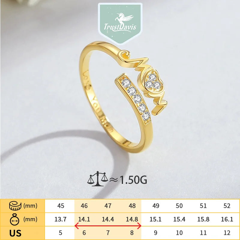 TrustDavis Girls 925 Sterling Silver Fashion Mom Heart Shaped Ring Mom Letter Ring for Mother's Day Birthday Gift Jewelry DS4194