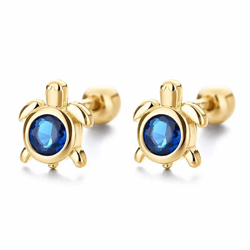 Turtle Earrings Cute Sea Turtle Blue Cubic Zircon Screw Earrings DS4993