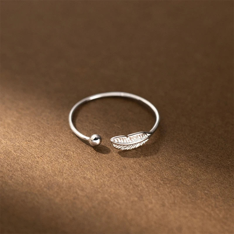 Feather Open Ring Minimalist Adjustable Leaf Bead Ring DS5003