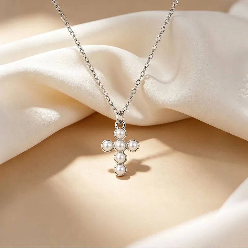 Silver Cross Pearl Clavicle Necklace DS5015