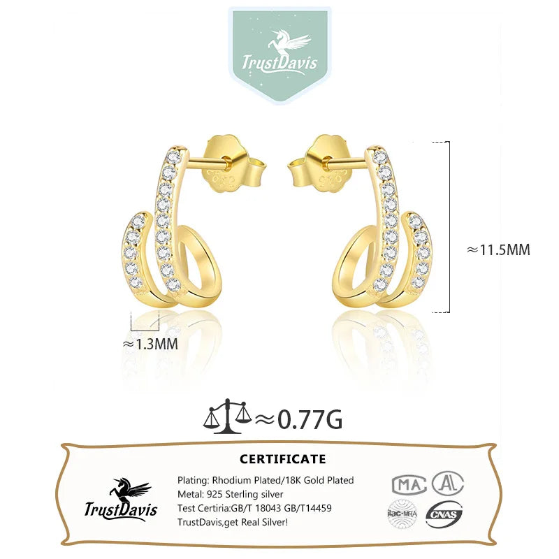 TrustDavis Real 925 Sterling Silver Women's Fashion Stud Earrings Circle Gold Zirconia Earrings for Women Gift Jewelry DS4467
