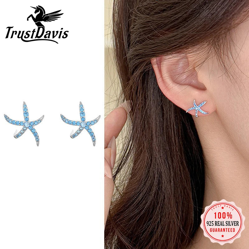 TrustDavis 925 Sterling Silver Women's Fashion Simple Blue Starfish Stud Earrings for Women Girls Birthday Jewelry Gift DS4678
