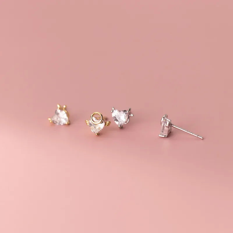 TrustDavis Real 925 Sterling Silver Stud Earrings for Women Asymmetrical Heart Shiny CZ Wedding Valentine's Day Jewelry DA2859