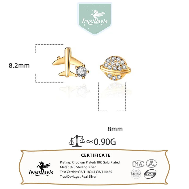 TrustDavis 925 Sterling Silver Women's Fashion Simple Planet and Airplane Earring for Women Girls Birthdays Jewelry Gift  DS4692