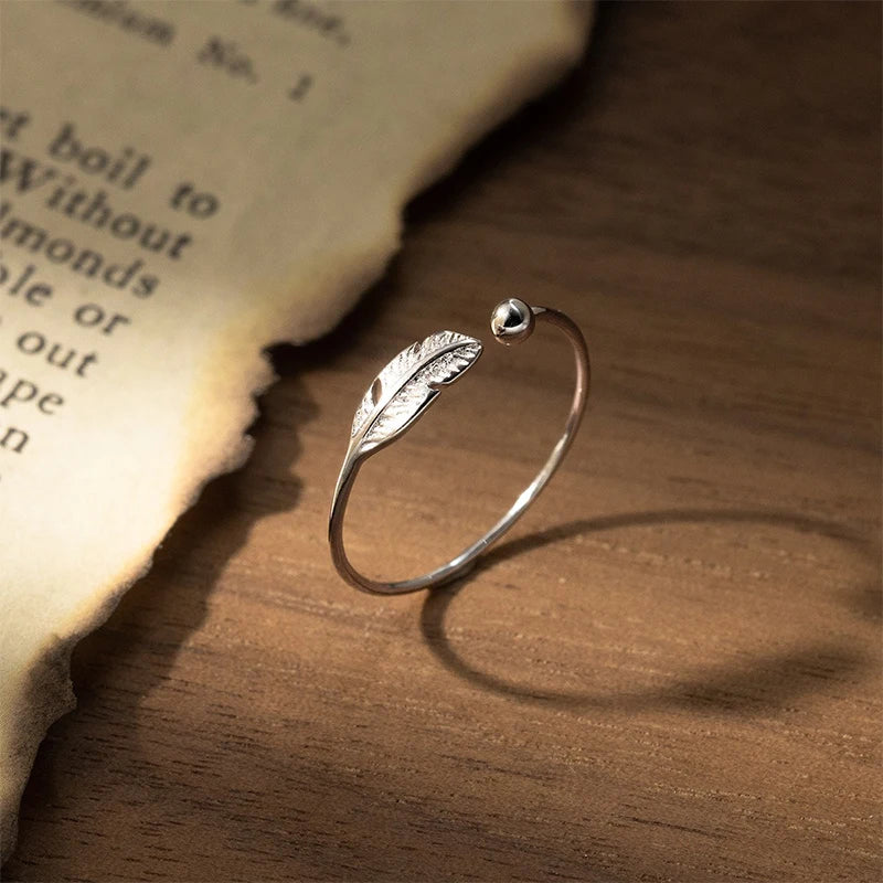 Feather Open Ring Minimalist Adjustable Leaf Bead Ring DS5003