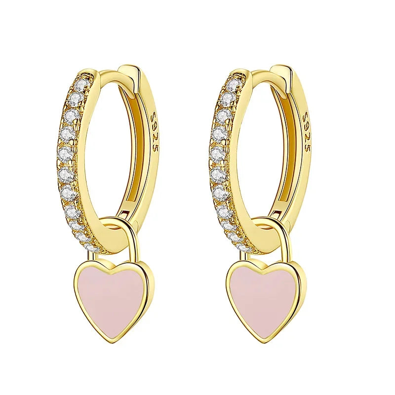 TrustDavis Real 925 Sterling Silver Glaze Heart Dangle Hoop Earrings For Women Wedding Party Fine Dazzling CZ Jewelry DA2745