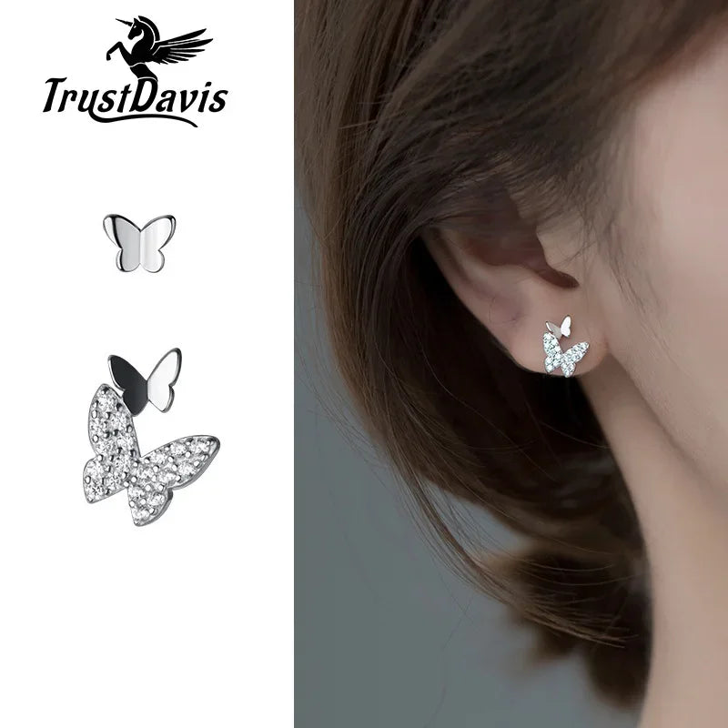 TrustDavis Real 925 Sterling Silver Fashion Insect Butterfly CZ Stud Earring For Women Birthday Daughter Fine Jewelry DA2152