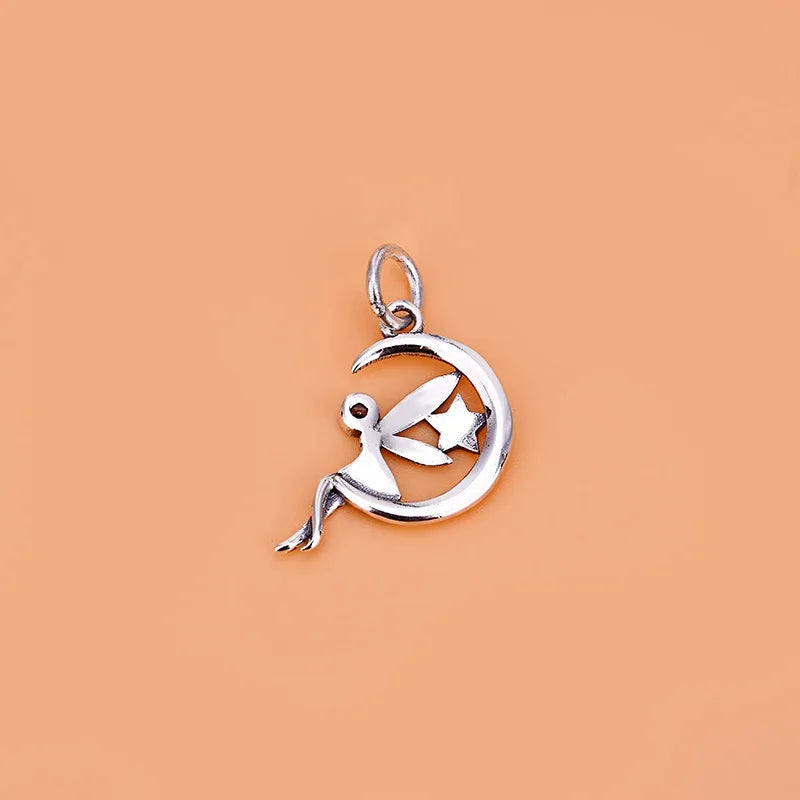 TrustDavis Real 925 Sterling Silver Retro Star Moon Fairy Charm Pendant Handmade DIY Accessories Fine Jewelry Wholesale DZ1735