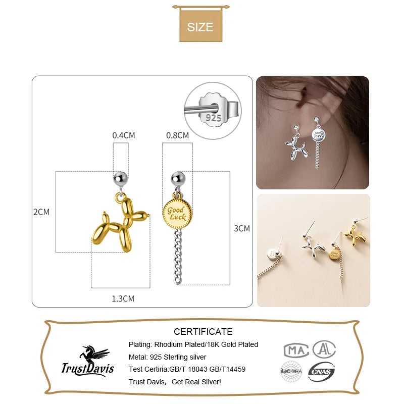 TrustDavis Real 925 Sterling Silver Earrings Asymmetric Balloon Dog Chian Stud Earrings For Women Wedding Party Jewelry DA2662
