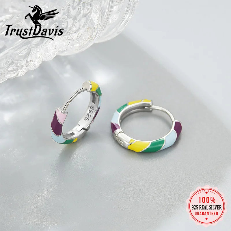 TrustDavis 925 Sterling Silver Women's Fashion Sweet Rainbow Circle Hoop Earrings for Women Girls Jewelry Gift DS4409