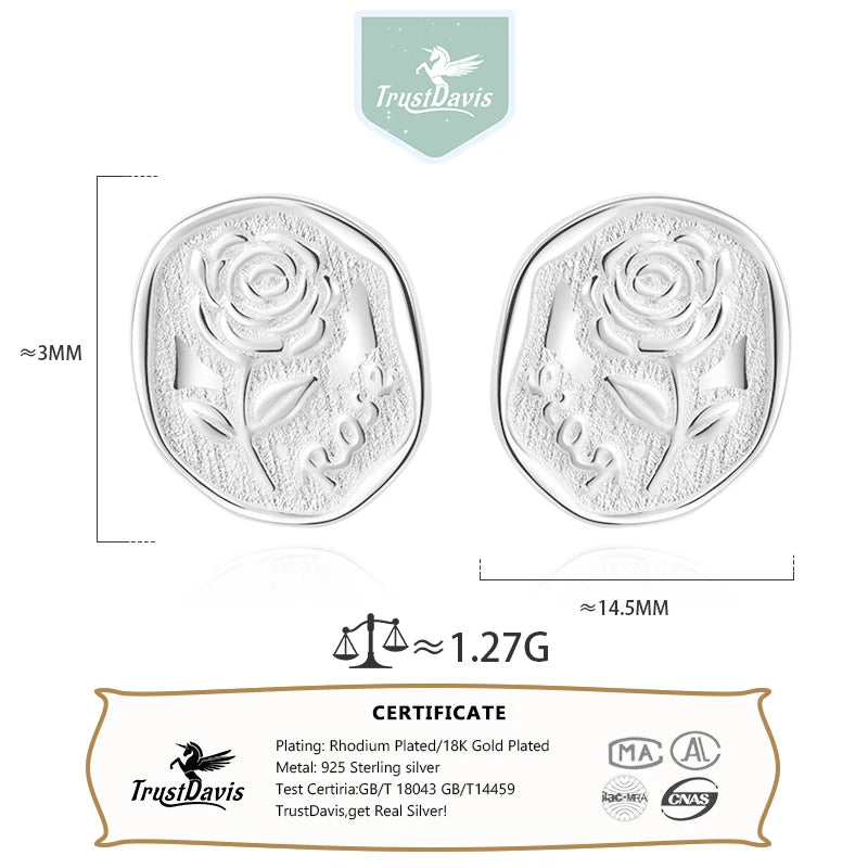 TrustDavis Girls S999 Sterling Silver Charm Rose Flower Screw Stud Earrings For Women Young Daughter Birthday Party Gift DS4598