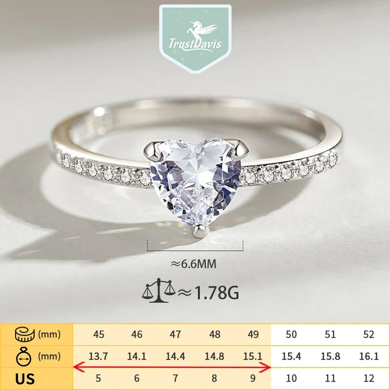 TrustDavis Plata de Ley 925 auténtica anillo de corazón de circón rosa a la moda para mujer joyería de regalo de compromiso de boda DS4239