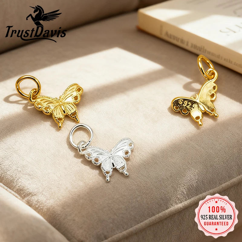 TrustDavis New Fashion Real 925 Sterling Silver Fashion Golden Butterfly Charm Pendant Handmade DIY Accessories Jewelry DZ1802