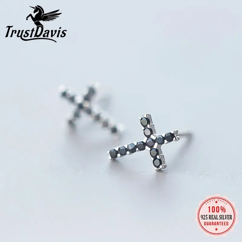 Trustdavis 100% 925 Solid Real Sterling Silver Cross Black CZ Stud Earrings For Women Girls Kids Lady Fashion Fine Jewelry DA129