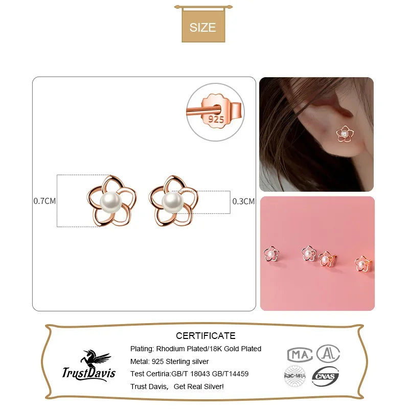 TrustDavis Real 925 Sterling Silver Sweet Flower Synthesis Pearl Stud Earrings For Women Wedding Party Fine 925 Jewelry DA2919