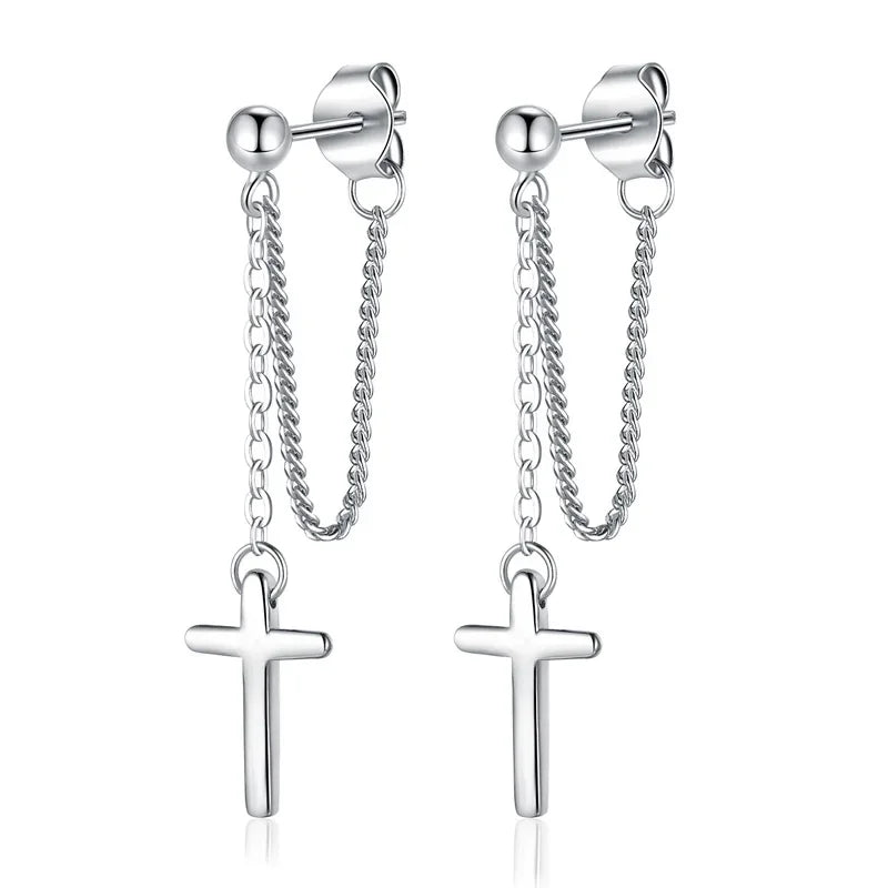 TrustDavis 100% 925 Sterling Silver Cross Chain Stud Earrings Beautiful For Women Lady Silver 925 Jewelry Gift  ED470