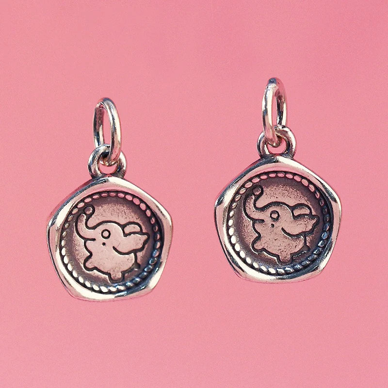 TrustDavis 925 Sterling Silver Cute Circular Elephant Charms Pendant for Bracelet Necklace DIY Accessories DZ1660