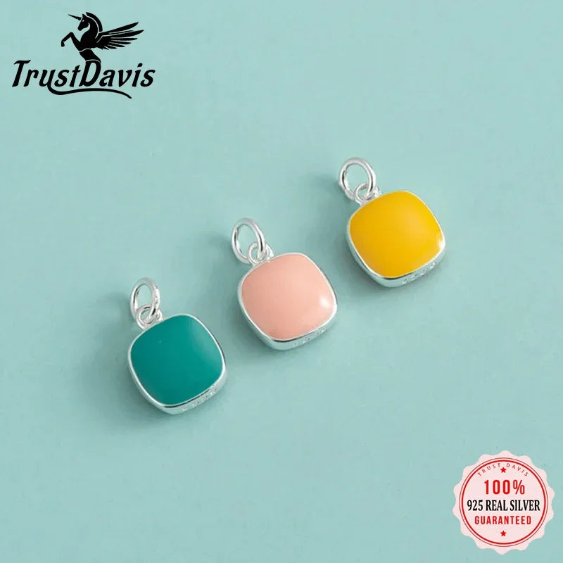 TrustDavis Real 925 Sterling Silver Cute Colored Square Pendant Bracelet Marking Lanyard Buckle DIY Accessories Jewelry DZ1231