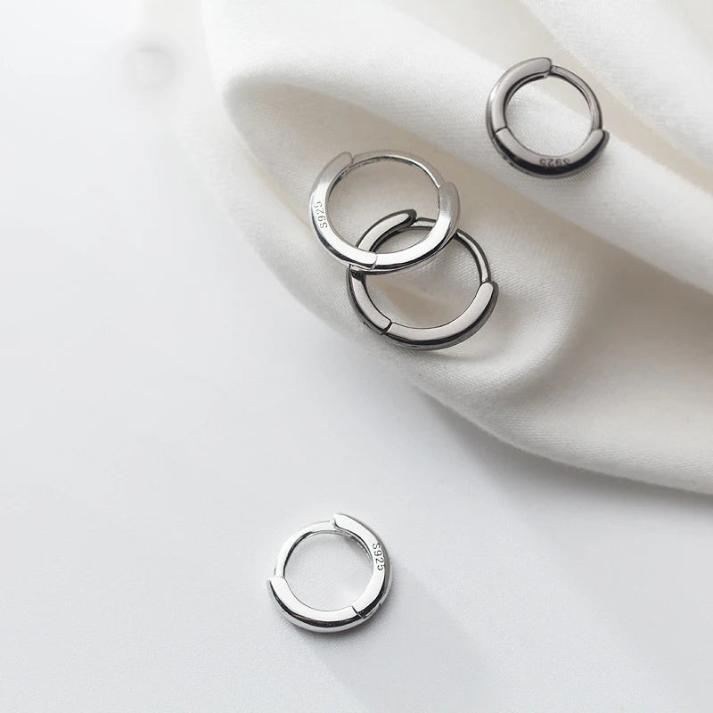 TrustDavis  100% 925 Sterling Silver Black Geometric Smooth Surface  Hoop Earrings For Women Fashion Silver 925 Jewelry DA432