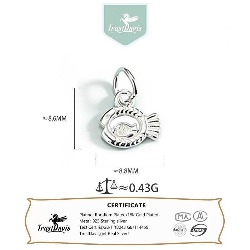 TrustDavis 925 Sterling Silver Fashion Classic Cute Little Fish Pendant DIY Necklace Bracelet Accessories Fine Jewelry DZ1842