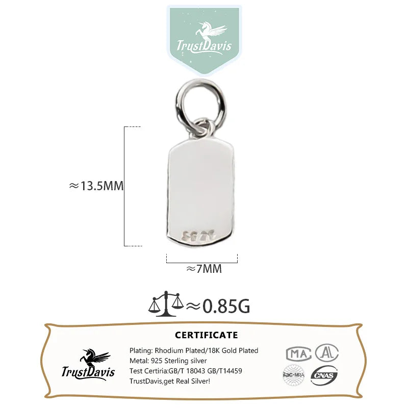 TrustDavis Real 925 Sterling Silver Vintage Simplicity Rectangular Pendant Handmade DIY Necklace Accessories Fine Jewelry DZ1798