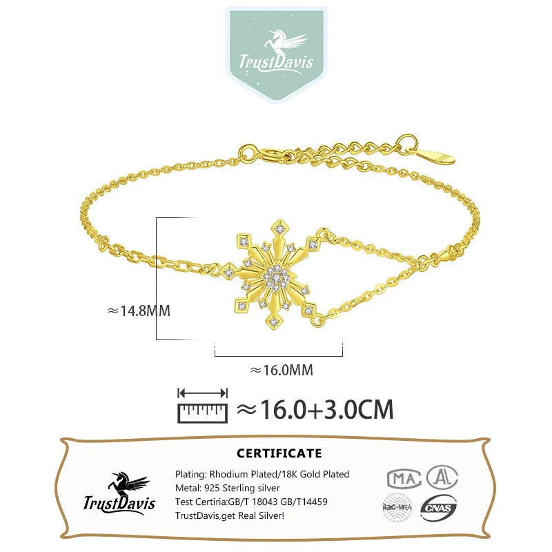 TrustDavis Girls 925 Sterling Silver Fashion Simple Snowflake Zircon Bracelet for Women Girl Christmas Gift Fine Jewelry DS4695