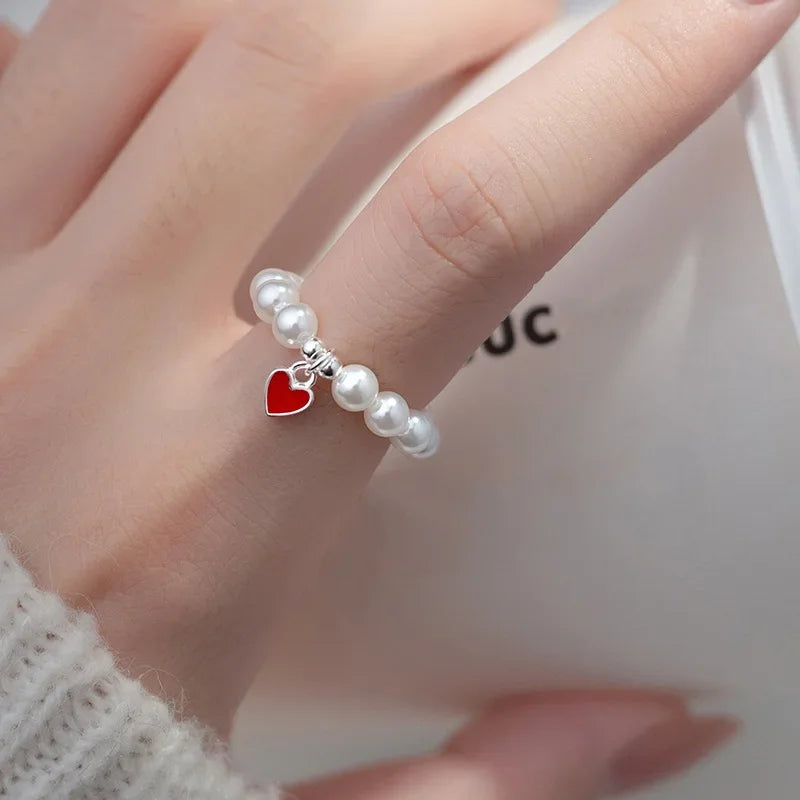TrustDavis 925 Sterling Silver heart Synthesis pearl Opening Rings For Women Romantic Style Fine 925 Wholesale Jewelry DS3570