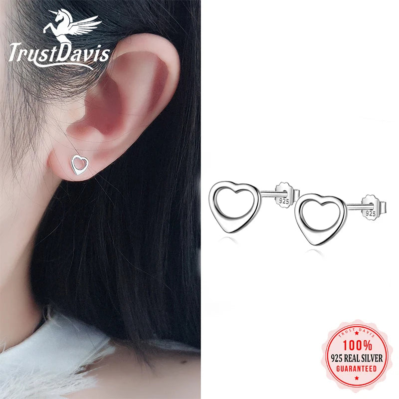 TrustDavis Real 925 Sterling Silver Women's Fashion Heart-shaped Hollow Stud Earrings for Women Girls Jewelry Gifts DS4251