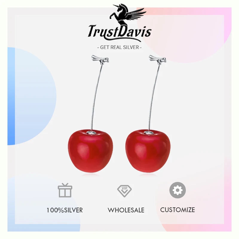 TrustDavis Fashion Genuine 925 Sterling Silver Charms Fine Fruit Cherry Stud Earrings For Women Silver 925 Earring Jewelry DA163