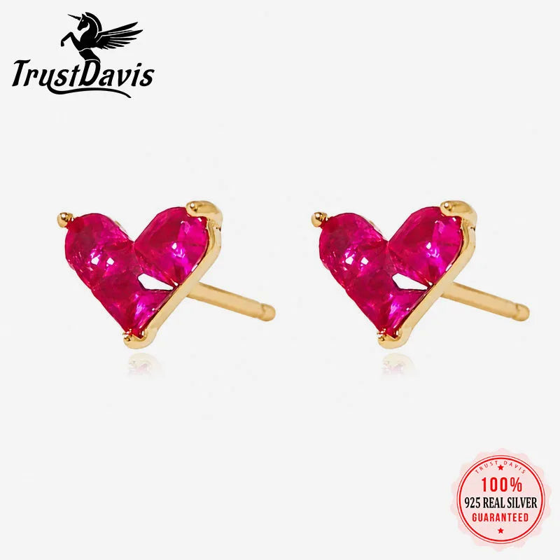 Real 925 Sterling Silver Heart Red Zircon Stud Earrings DS4953