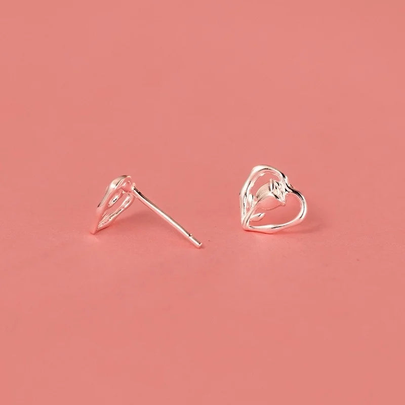 Silver Heart-Shaped Rose Stud Earrings DS5013