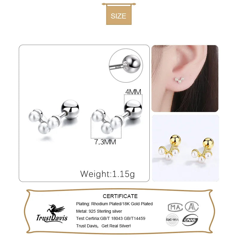 TrustDavis Real 925 Sterling Silver Earring Synthesis Pearl Beads Screw Stud Earring For Women Wedding Party Jewelry Gift DA2782