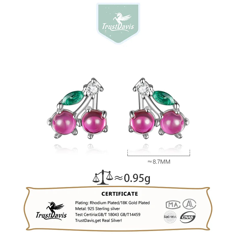 Real 925 Sterling Silver Sweet Cherry Zircon Screw Earrings DA4164