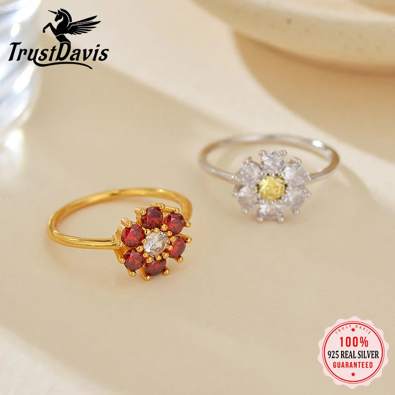 TrustDavis Real 925 Sterling Silver Women's Fashion Two-tone Flower Colored Zircon Ring for Women Girls Fine Jewelry Gift DS4708