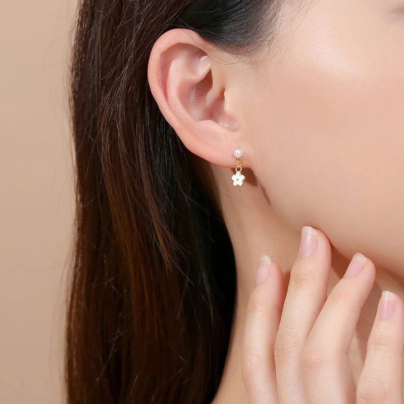 TrustDavis 925 Sterling Silver Women's Fashion Sweet Flower Pearl Drop Earrings for Women Girls Jewelry Gift DS4366