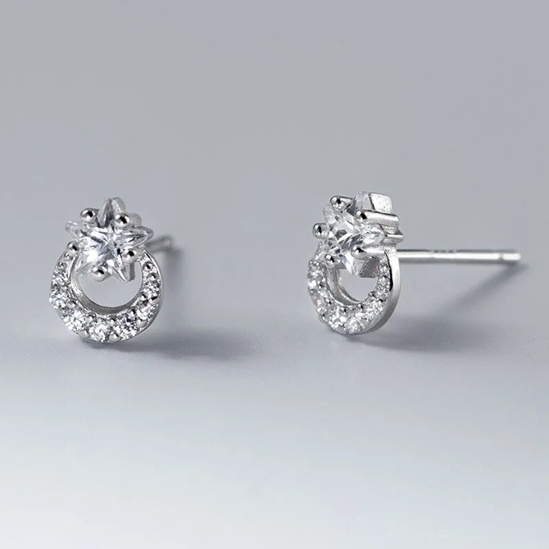 Real 925 Sterling Silver Star Moon Zircon Stud Earrings DS4950
