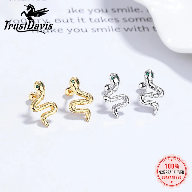 TrustDavis Real 925 Sterling Silver Women's Stud Earring Fashion Snake Spiral Earrings for Women Girls Jewelry Gifts DS4246