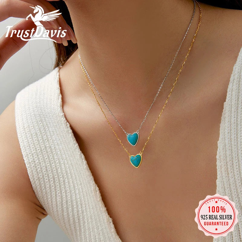 TrustDavis 925 Sterling Silver Women's Fashion Simple Turquoise Heart Pendant Necklace for Women Girls Jewelry Gift DS4427