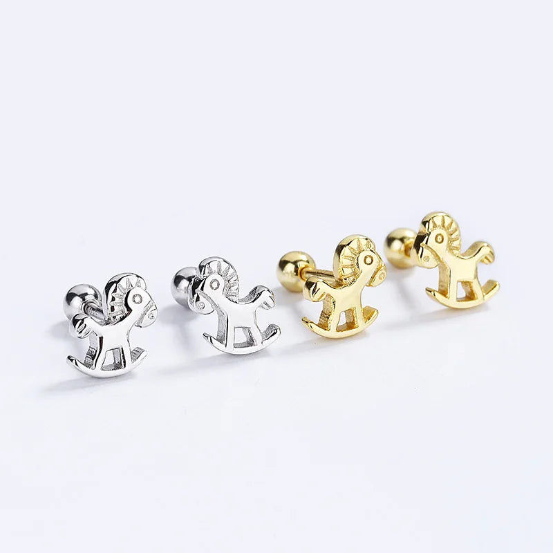 TrustDavis Real 925 Sterling Silver Sweet Trojan Horse Screw Stud Earrings For Daughter Girls Birthday Gift Fine Jewelry DG0159