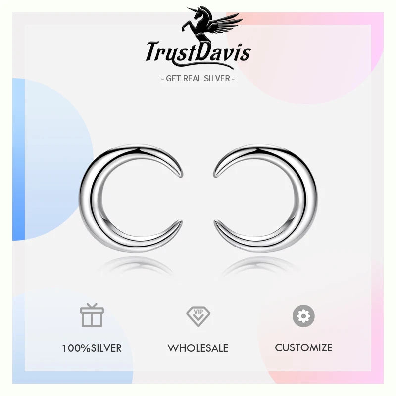 TrustDavis Genuine 100% 925 Sterling Silver Fashion Romantic Lovely Tiny Moon Stud Earrings Gift For Women Girls Kids Lady DS410