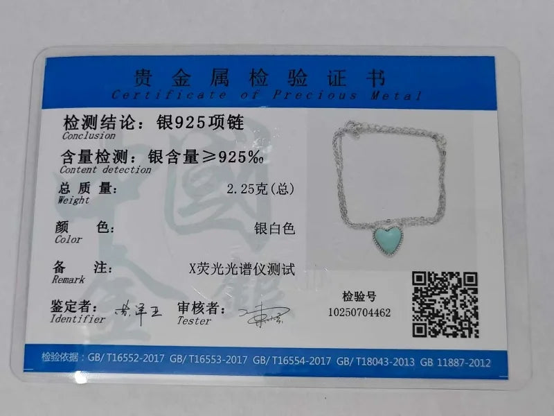 TrustDavis 925 Sterling Silver Women's Fashion Simple Turquoise Heart Pendant Necklace for Women Girls Jewelry Gift DS4427