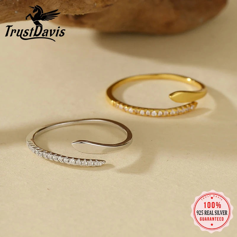 TrustDavis Real 925 Sterling Silver Ring Fashion Simple Snake-shaped Zircon Adjustable Ring for Women Girl Jewelry Gift DS4656