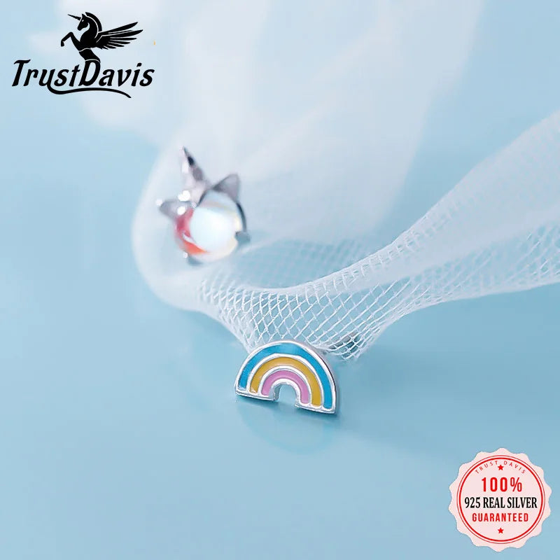 Trustdavis 100% 925 Solid Real Sterling Silver Asymmetric Rainbow Unicorn Stud Earring For Women Girl Fine Jewelry Brincos ZH131