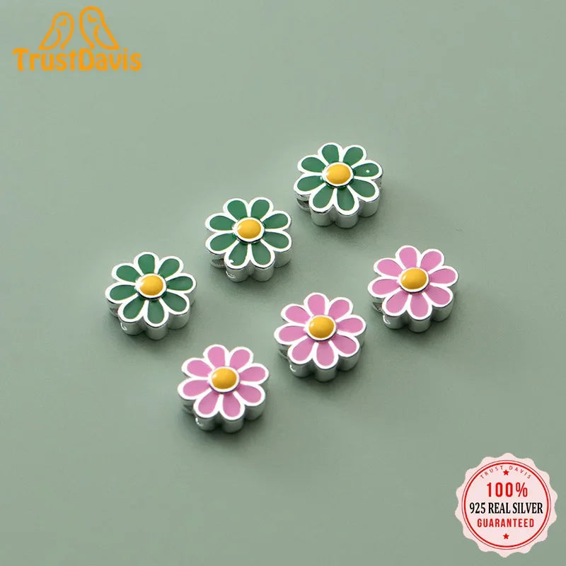 TrustDavis Real 925 Sterling Silver Fashion Cute Pink Green Flower Handmade DIY Necklace Bracelet Accessories Fine Jewelry HY865