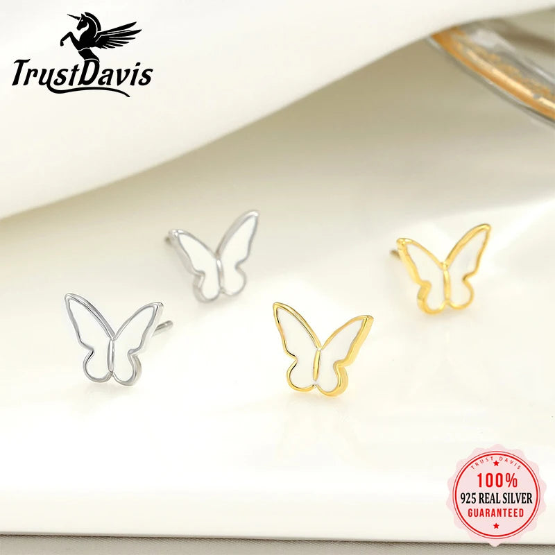 TrustDavis Real 925 Sterling Silver Women's Fashion Simple Epoxy White Butterfly Earrings for Women Girls Jewelry Gifts DS4254
