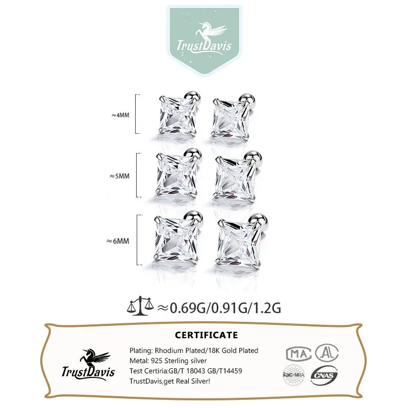 Silver 4 Prong Princess Cut CZ Screw Earrings DS5008