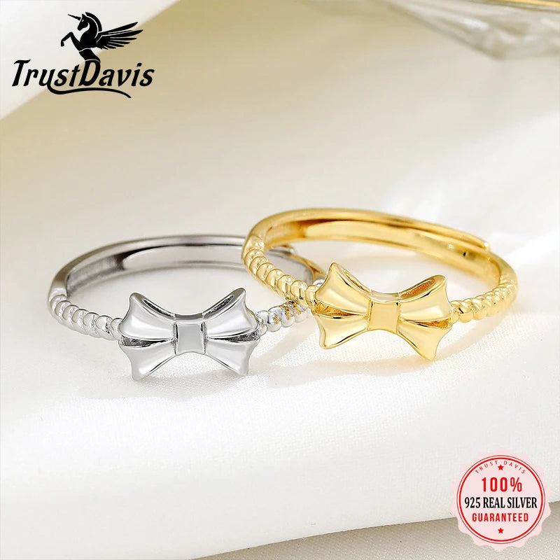 TrustDavis Real 925 Sterling Silver Women's Adjustable ring Fashion Fashion Bow Open Ring for Women Girls Jewelry Gifts DS4257